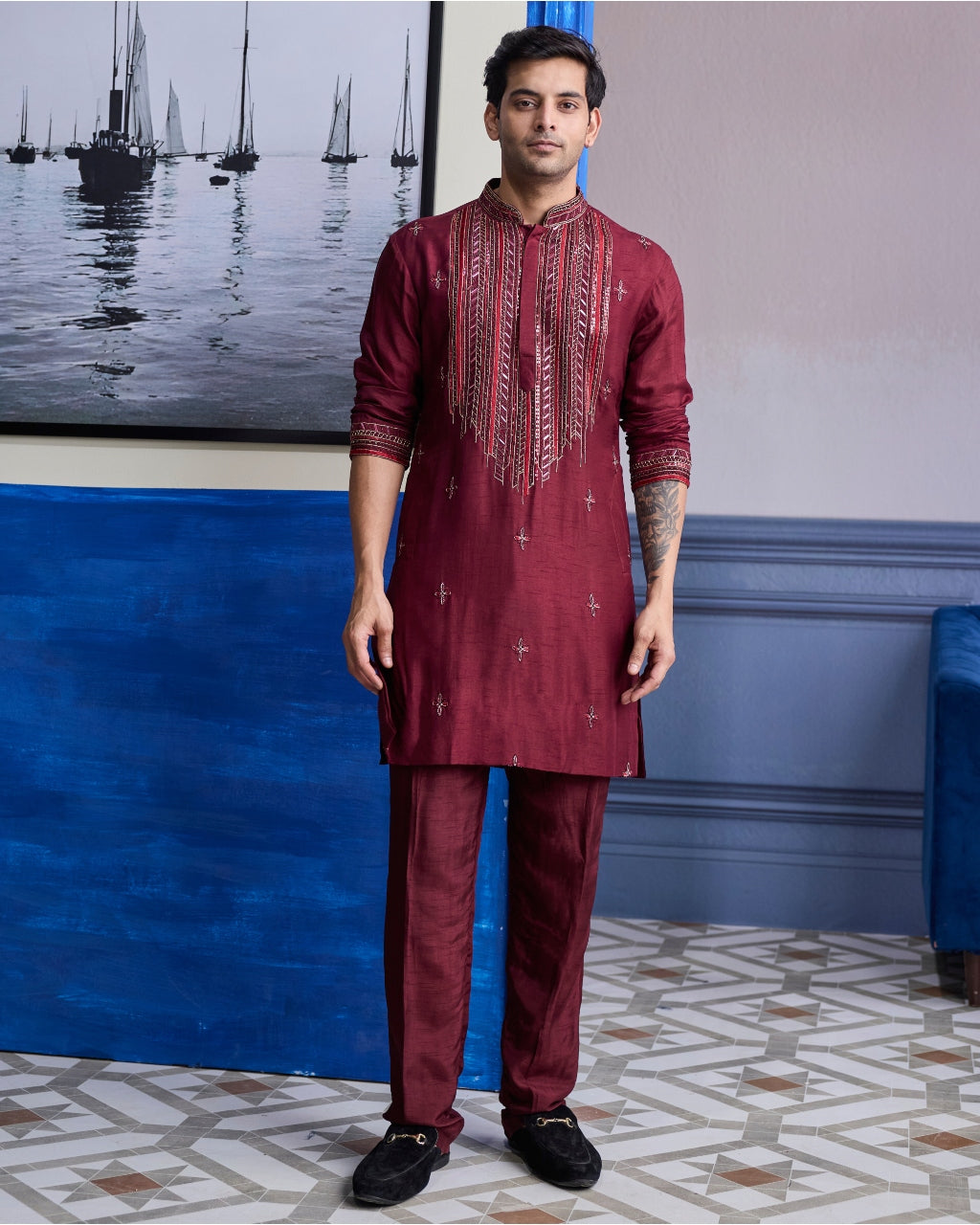 Maroon Emboidered Kurta With Pants