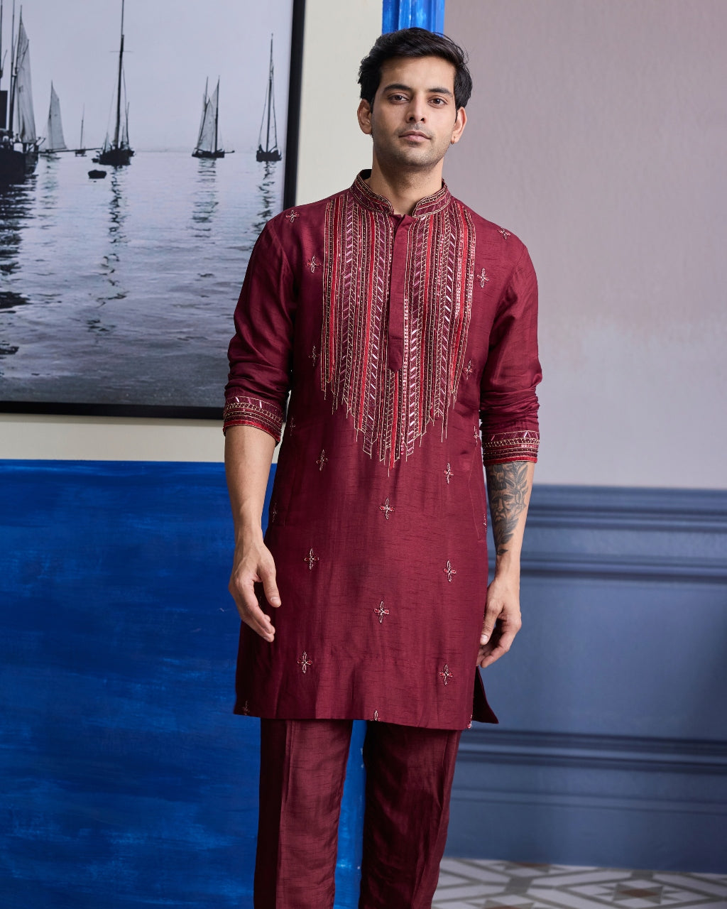 Maroon Emboidered Kurta With Pants