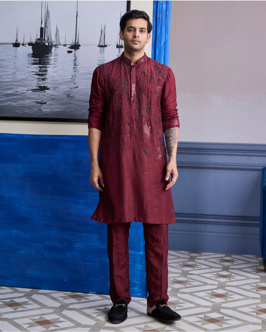 Maroon Abstract Embroidered Kurta Paired With Pants