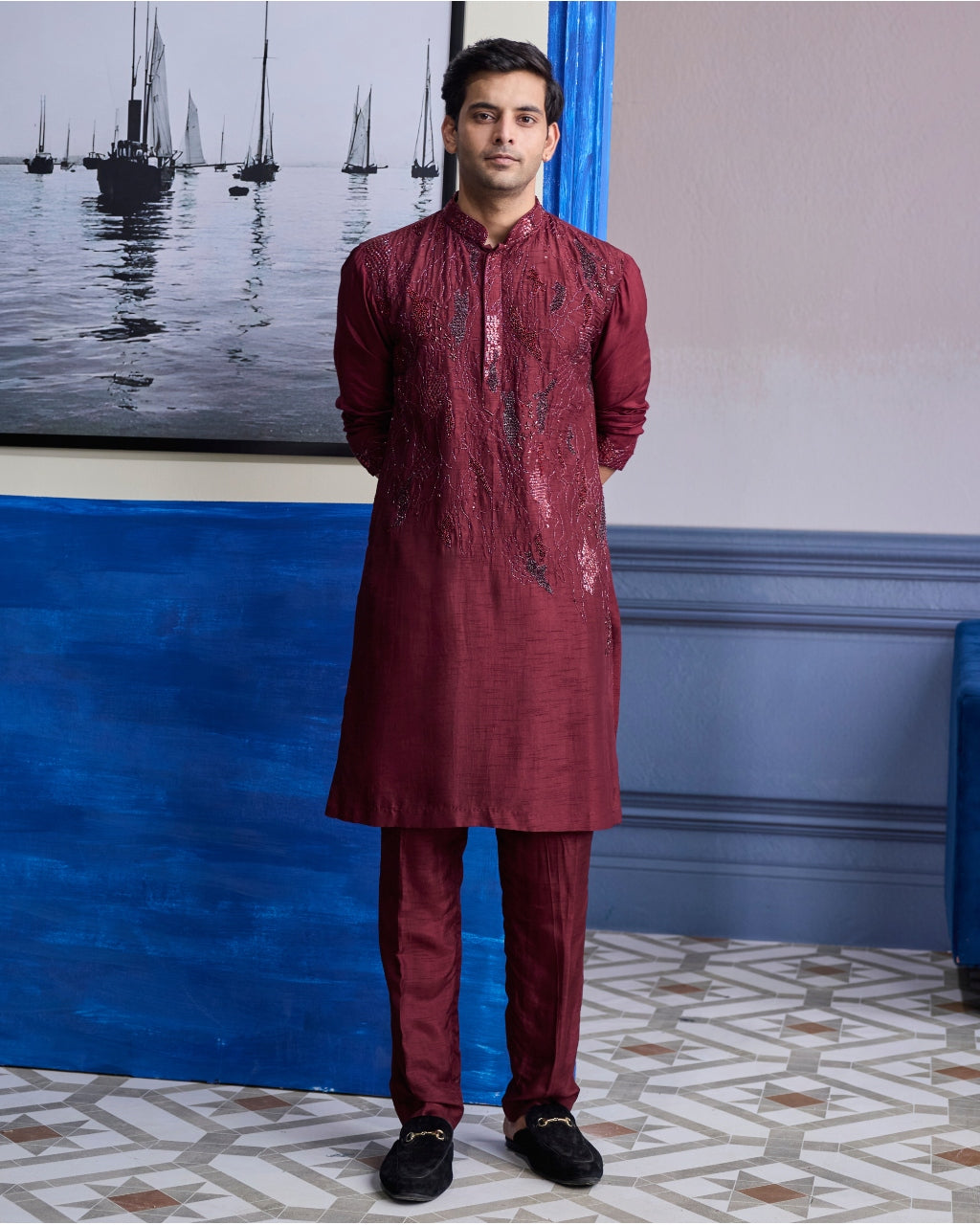 Maroon Abstract Embroidered Kurta Paired With Pants