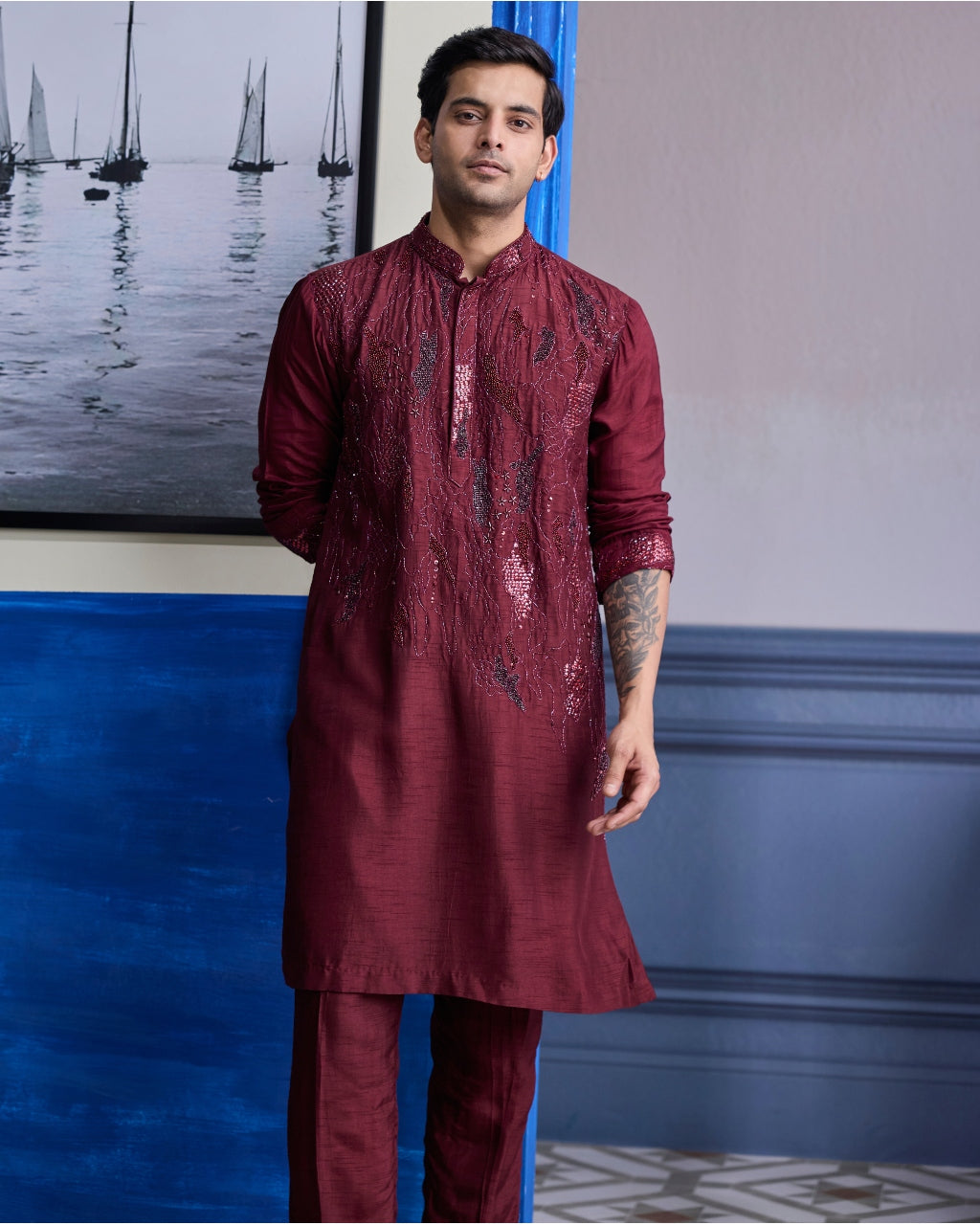 Maroon Abstract Embroidered Kurta Paired With Pants