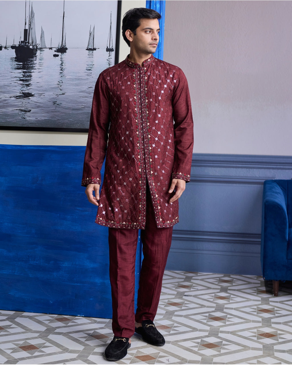 Maroon Mirror Embroidered Kurta Paired With Pants