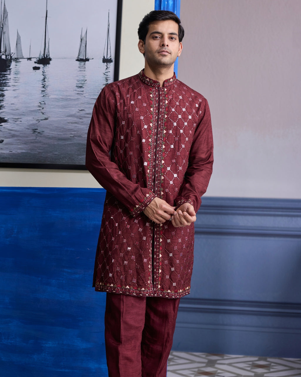 Maroon Mirror Embroidered Kurta Paired With Pants