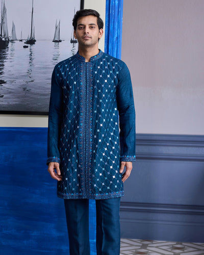 Teal Blue Mirror Embroidered Kurta Paired With Pants