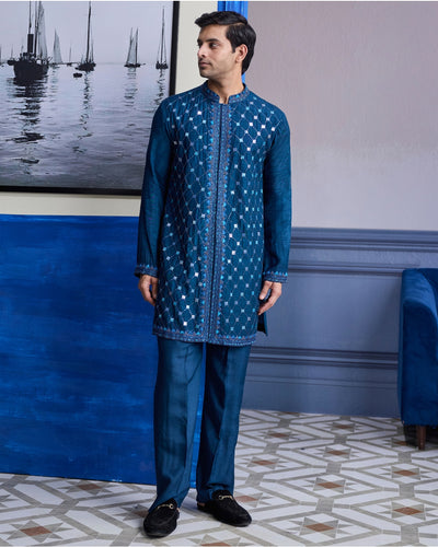 Teal Blue Mirror Embroidered Kurta Paired With Pants