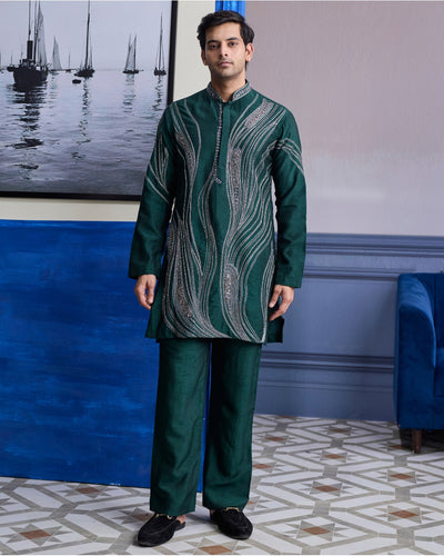 Dark Green Zari Embroidered Waves Kurta With Solid Pants
