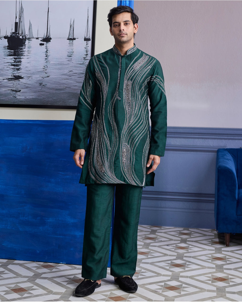 Dark Green Zari Embroidered Waves Kurta With Solid Pants
