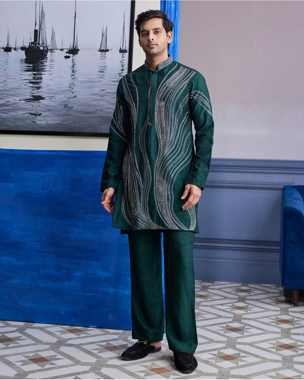 Dark Green Zari Embroidered Waves Kurta With Solid Pants