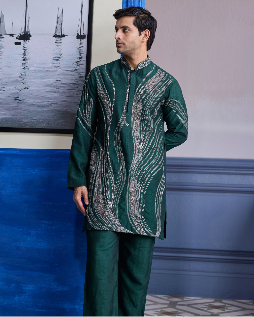 Dark Green Zari Embroidered Waves Kurta With Solid Pants