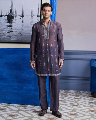 Charcol Grey Sheer Embroidered Kurta With Pants