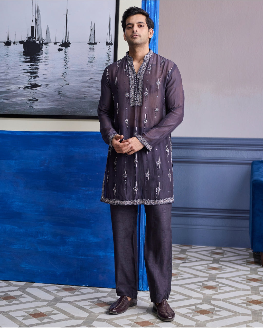 Charcol Grey Sheer Embroidered Kurta With Pants