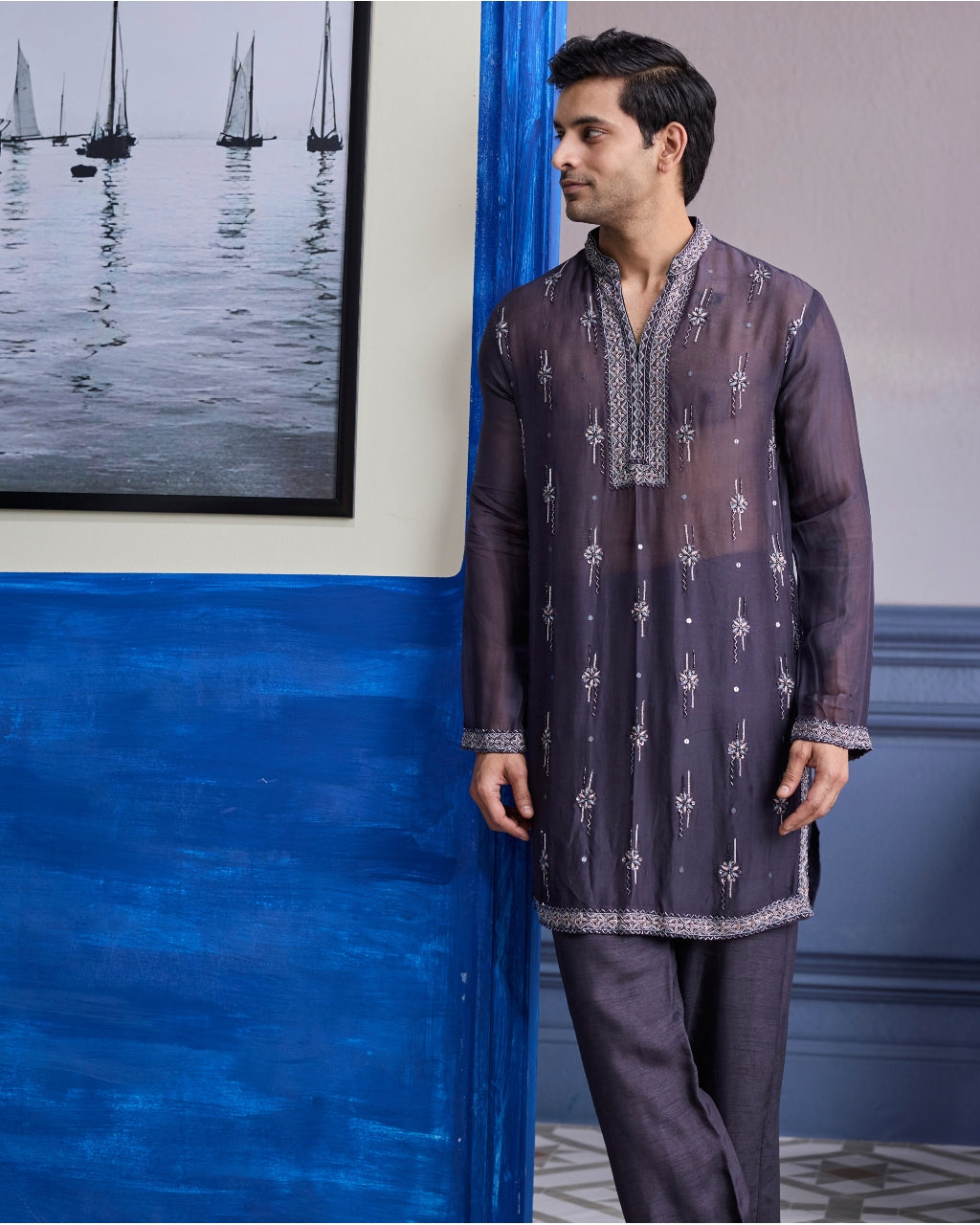 Charcol Grey Sheer Embroidered Kurta With Pants