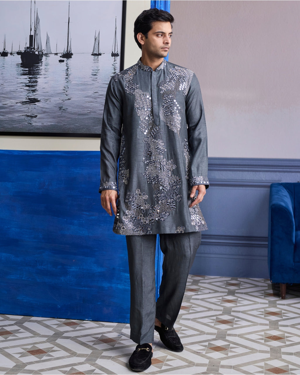 Steel Grey Embroidered Kurta With Pants