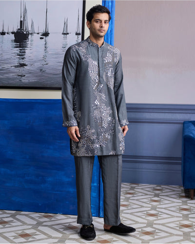Steel Grey Embroidered Kurta With Pants