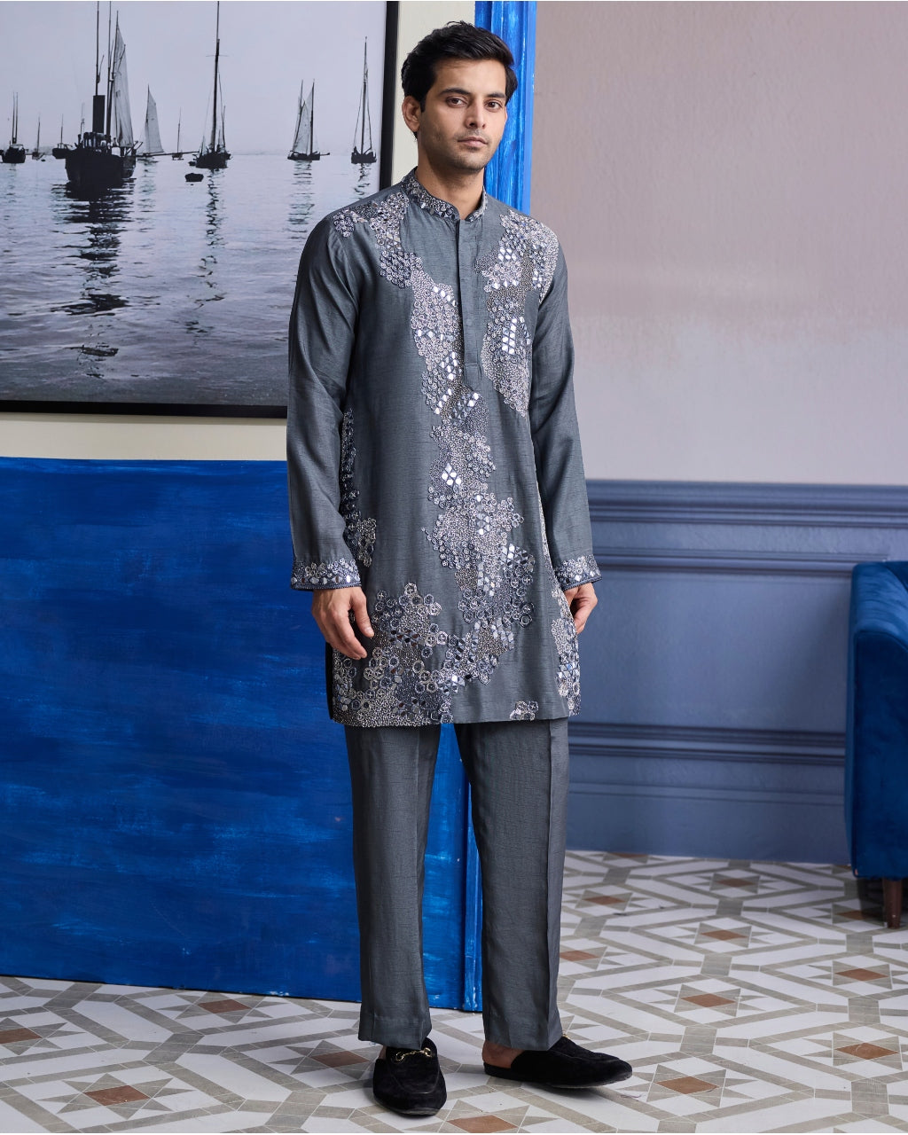 Steel Grey Embroidered Kurta With Pants