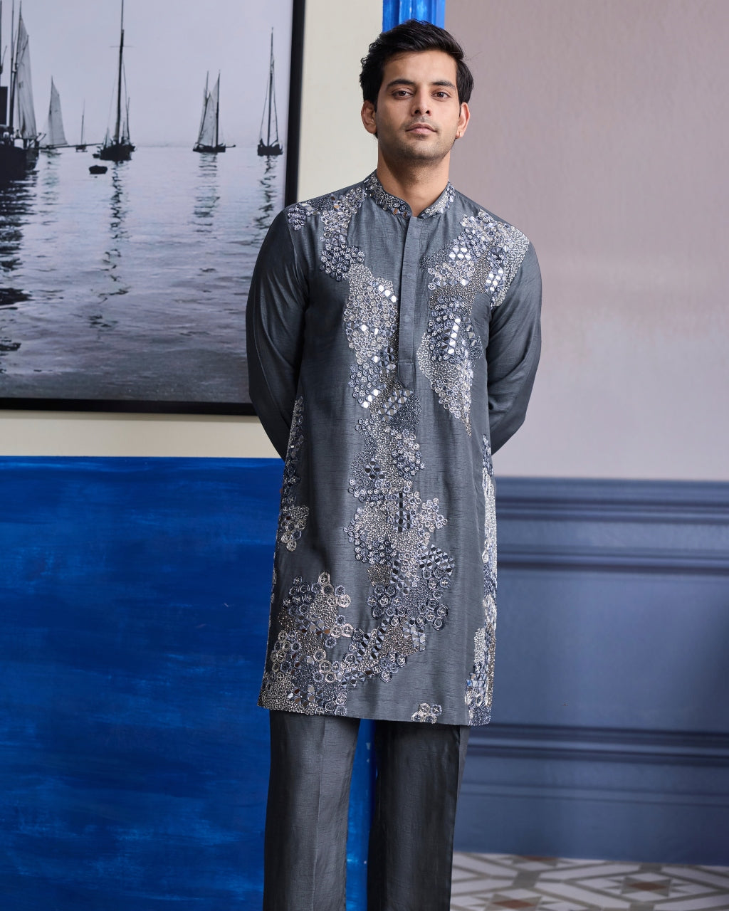 Steel Grey Embroidered Kurta With Pants