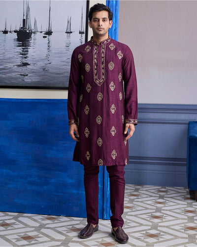 Plum Embroidered Placket Kurta With Pants
