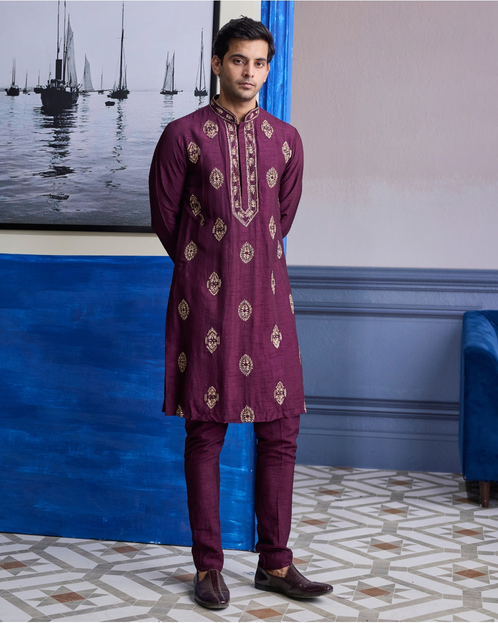Plum Embroidered Placket Kurta With Pants