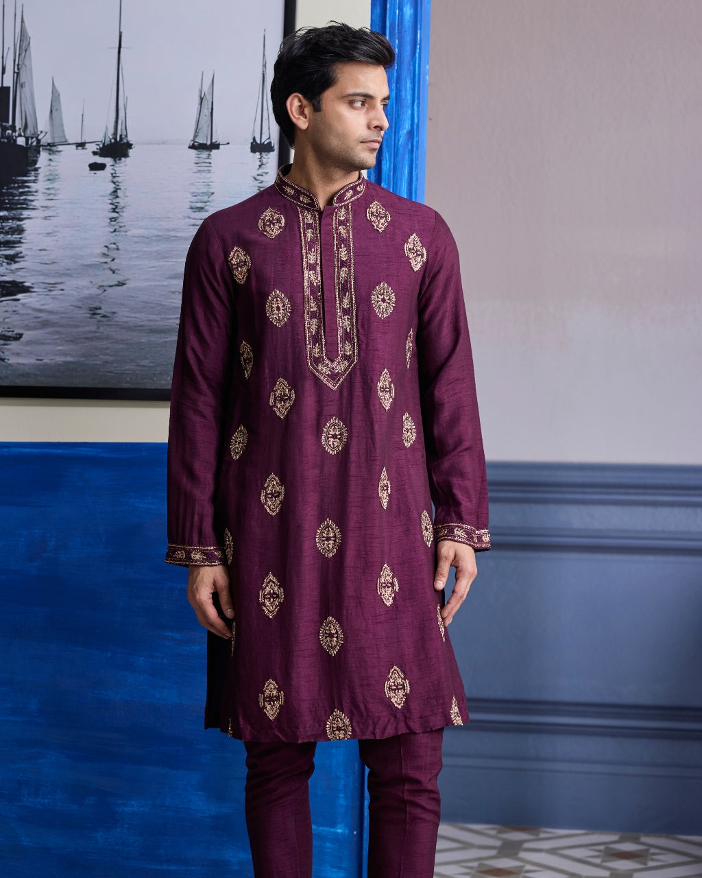 Plum Embroidered Placket Kurta With Pants