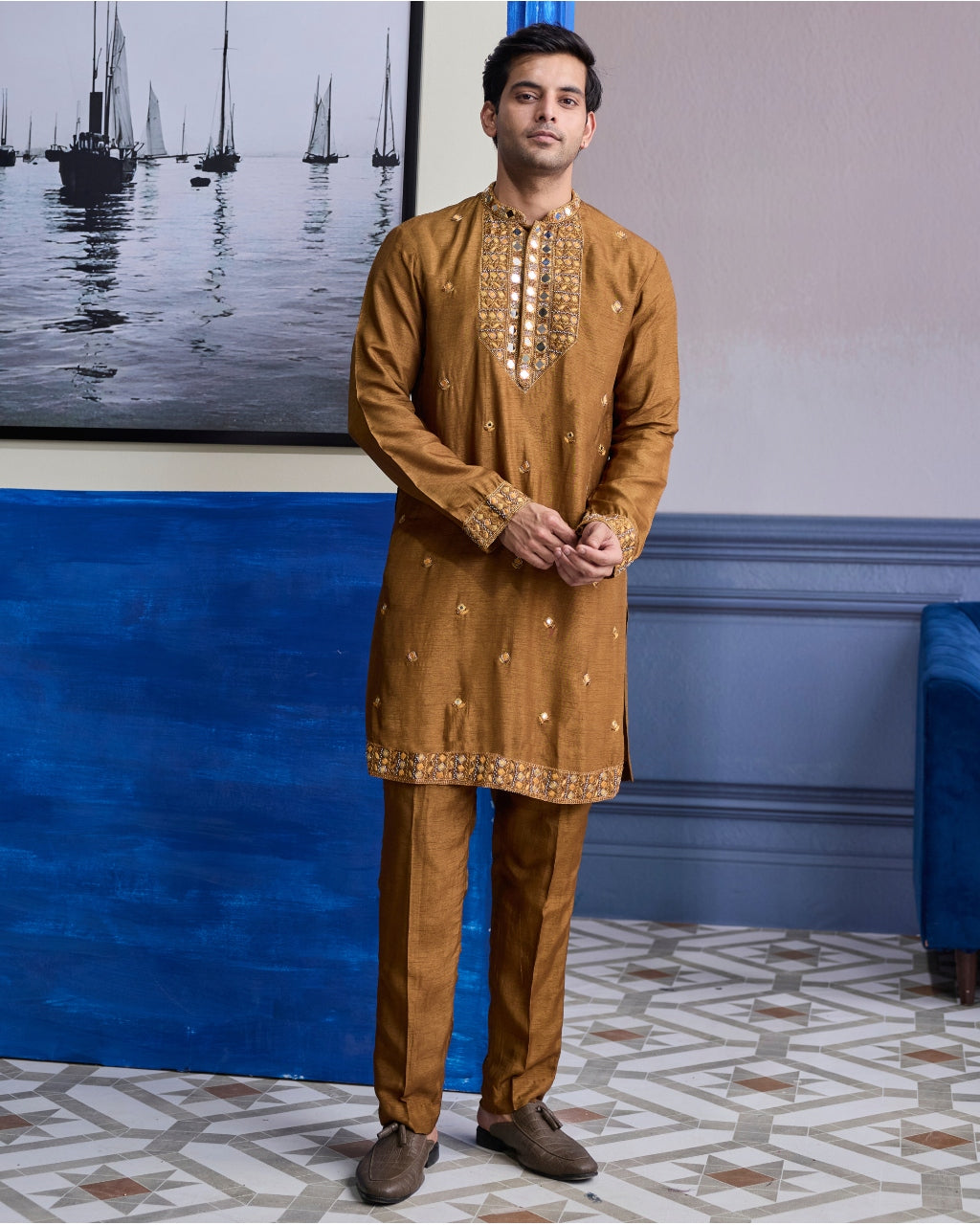 Mustard Embroidered Yoke Kurta With Pants
