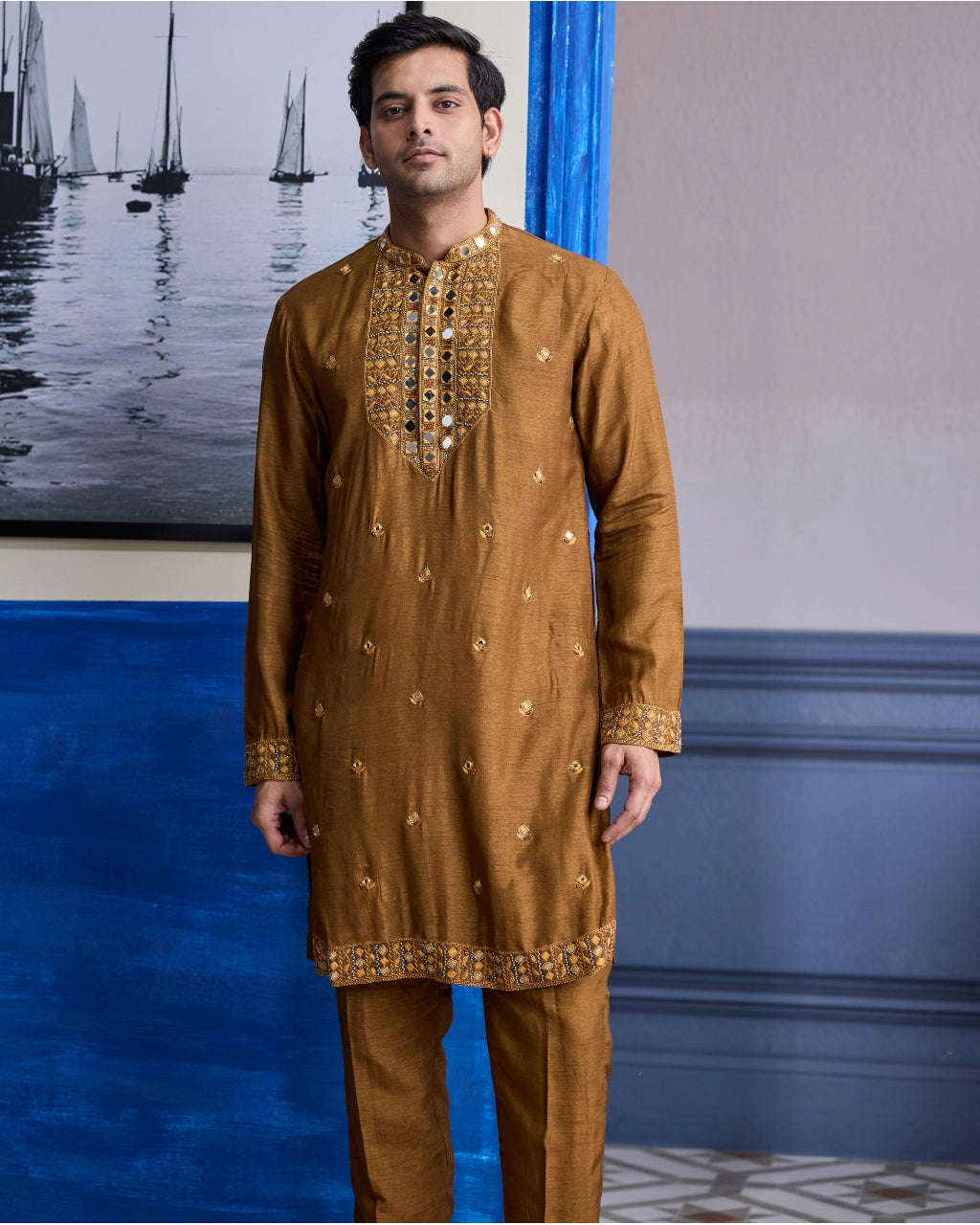Mustard Embroidered Yoke Kurta With Pants