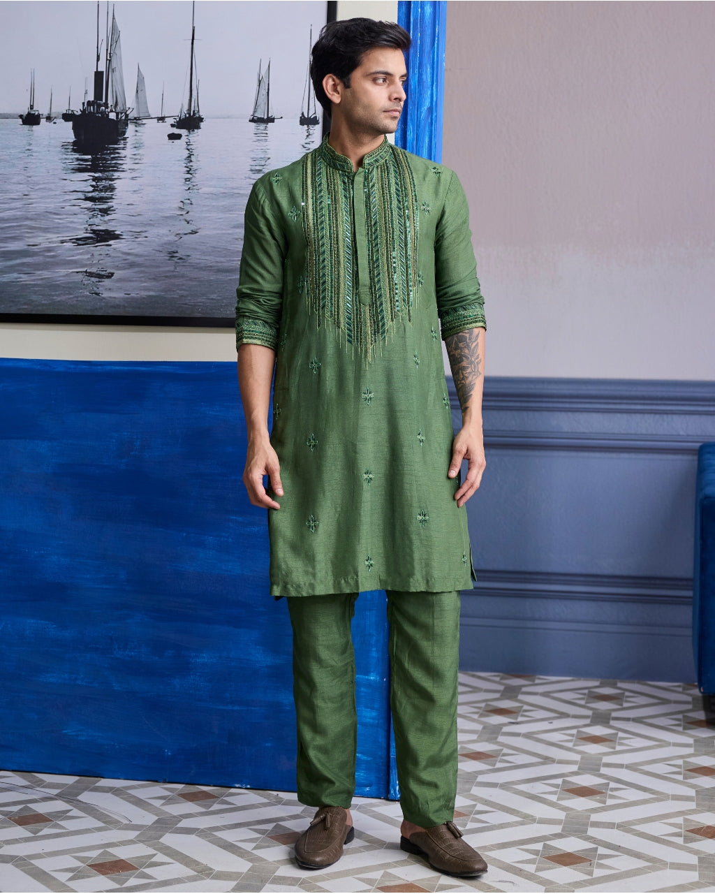 Sage Green Emboidered Kurta With Pants
