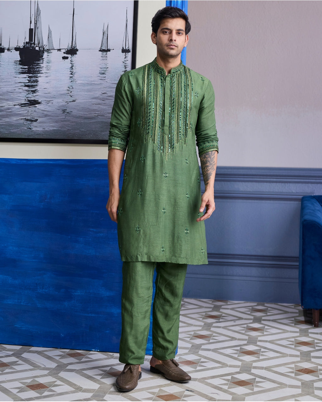 Sage Green Emboidered Kurta With Pants