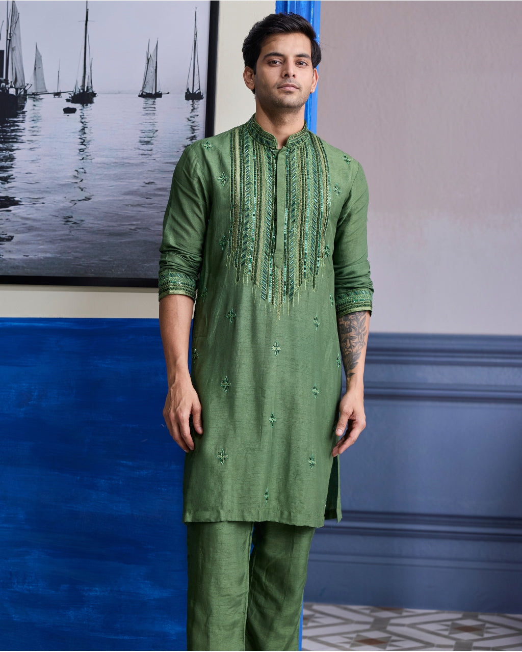 Sage Green Emboidered Kurta With Pants