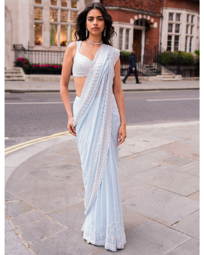 Powder Blue Ombre Sequin Sari Set