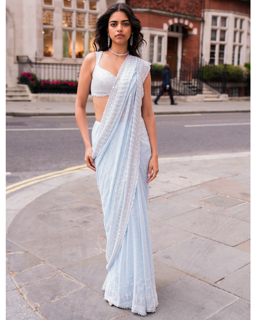 Powder Blue Ombre Sequin Sari Set