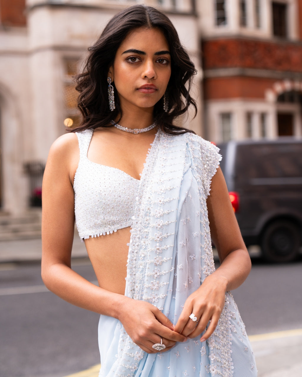 Powder Blue Ombre Sequin Sari Set