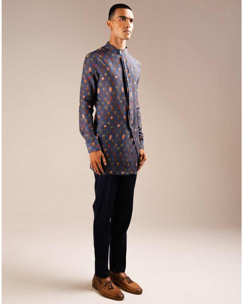 Navy Flora Side Slit Kurta Pyjama Set