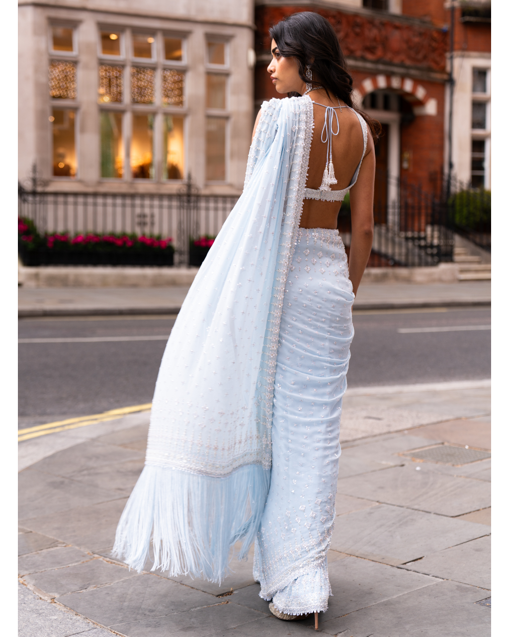 Powder Blue Ombre Sequin Sari Set