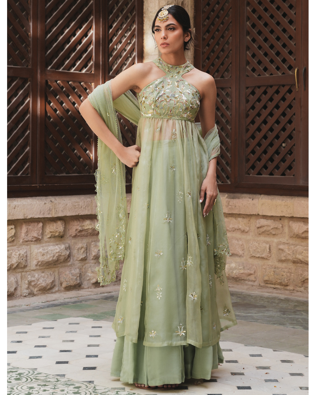 Sage Mint Embellished Halter Lehenga With Dupatta