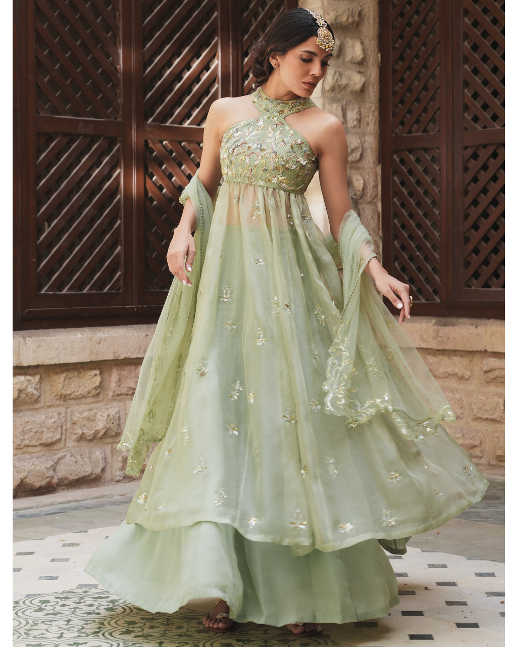 Sage Mint Embellished Halter Lehenga With Dupatta