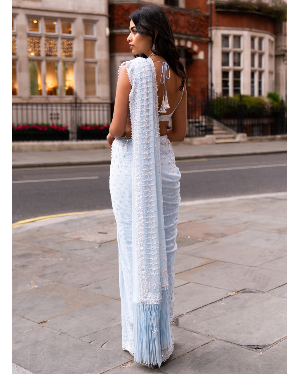 Powder Blue Ombre Sequin Sari Set