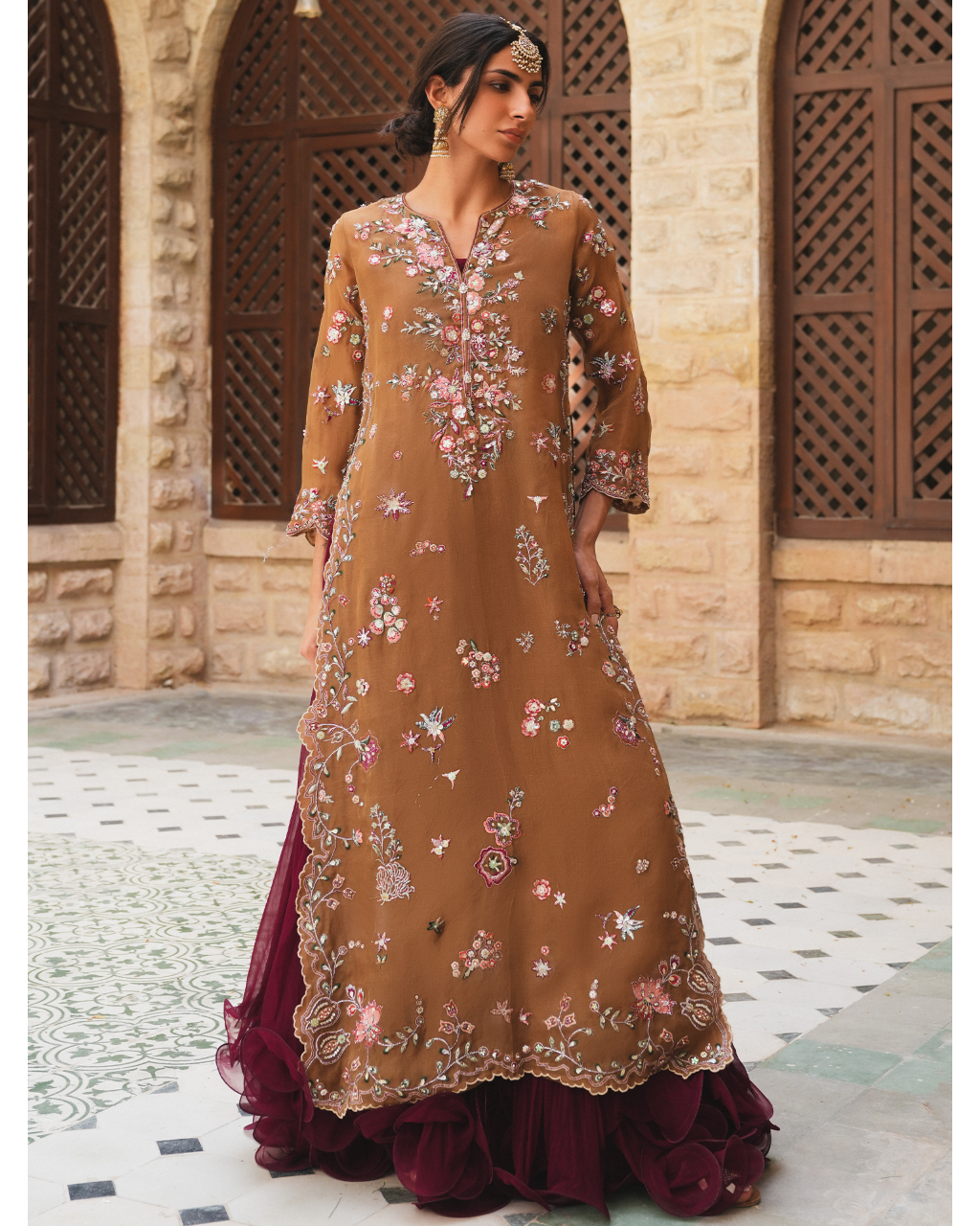 Ochre Embroidered Strappy Choli With Wine Swirly Lehenga