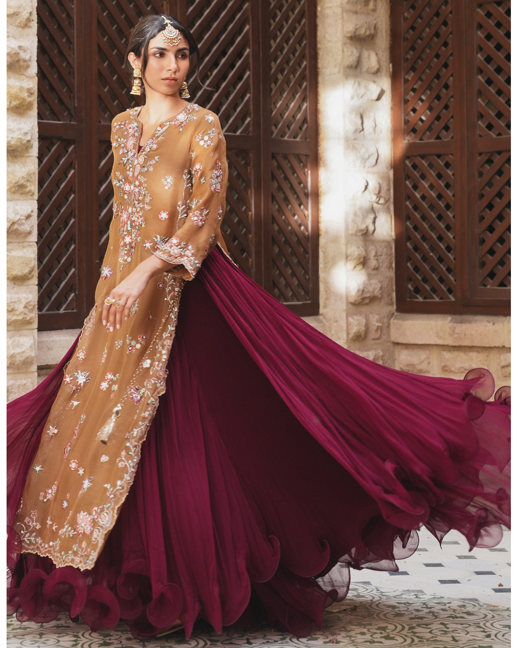 Ochre Embroidered Strappy Choli With Wine Swirly Lehenga