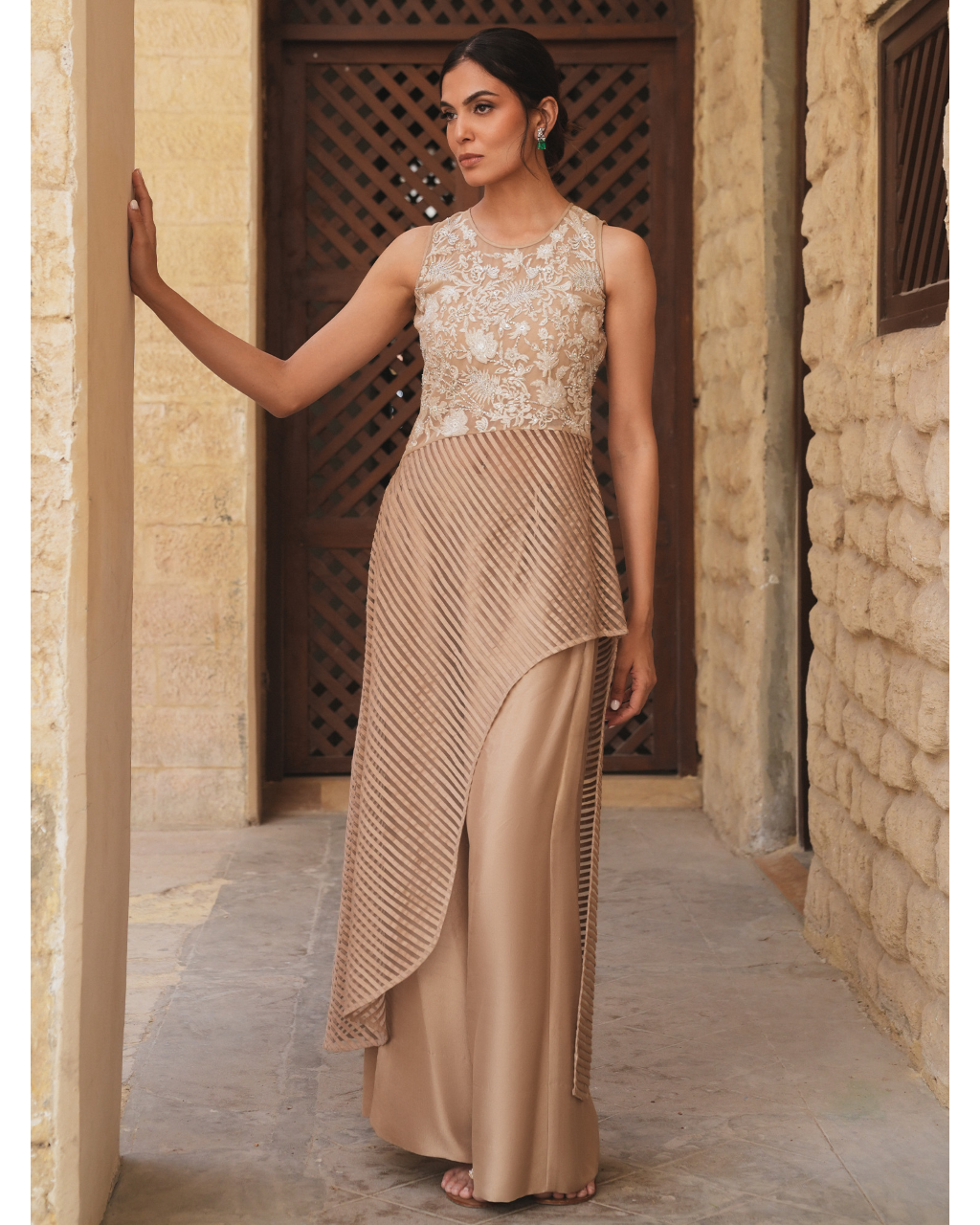 Nude Embroidered Asymmetric Drape Top With Palazzo Pants