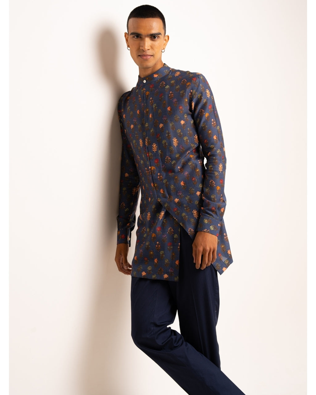 Navy Flora Side Slit Kurta Pyjama Set