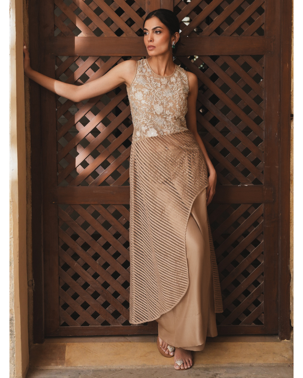 Nude Embroidered Asymmetric Drape Top With Palazzo Pants