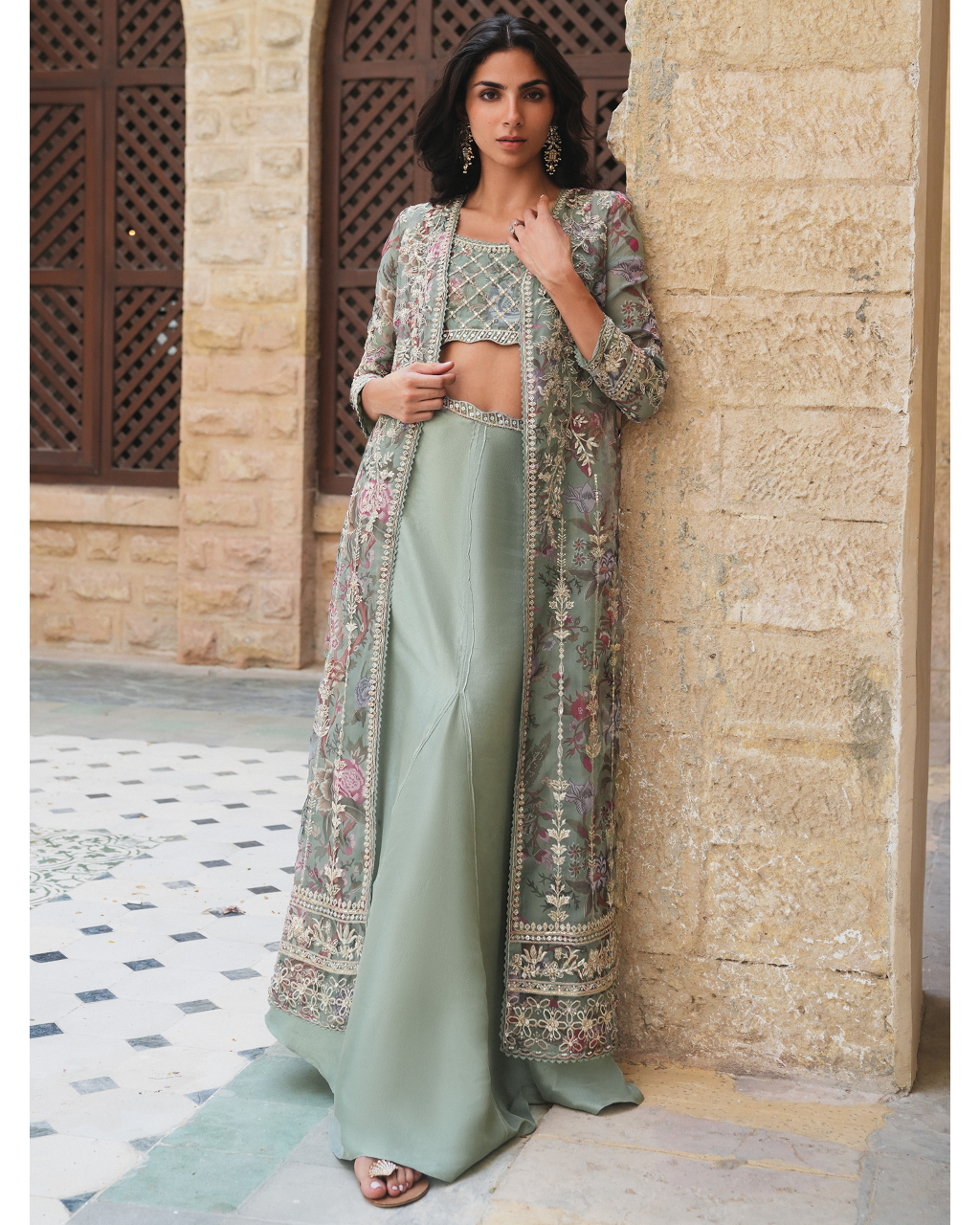 Misty Sage Embroidered Cape Coat With Blouse & Skirt