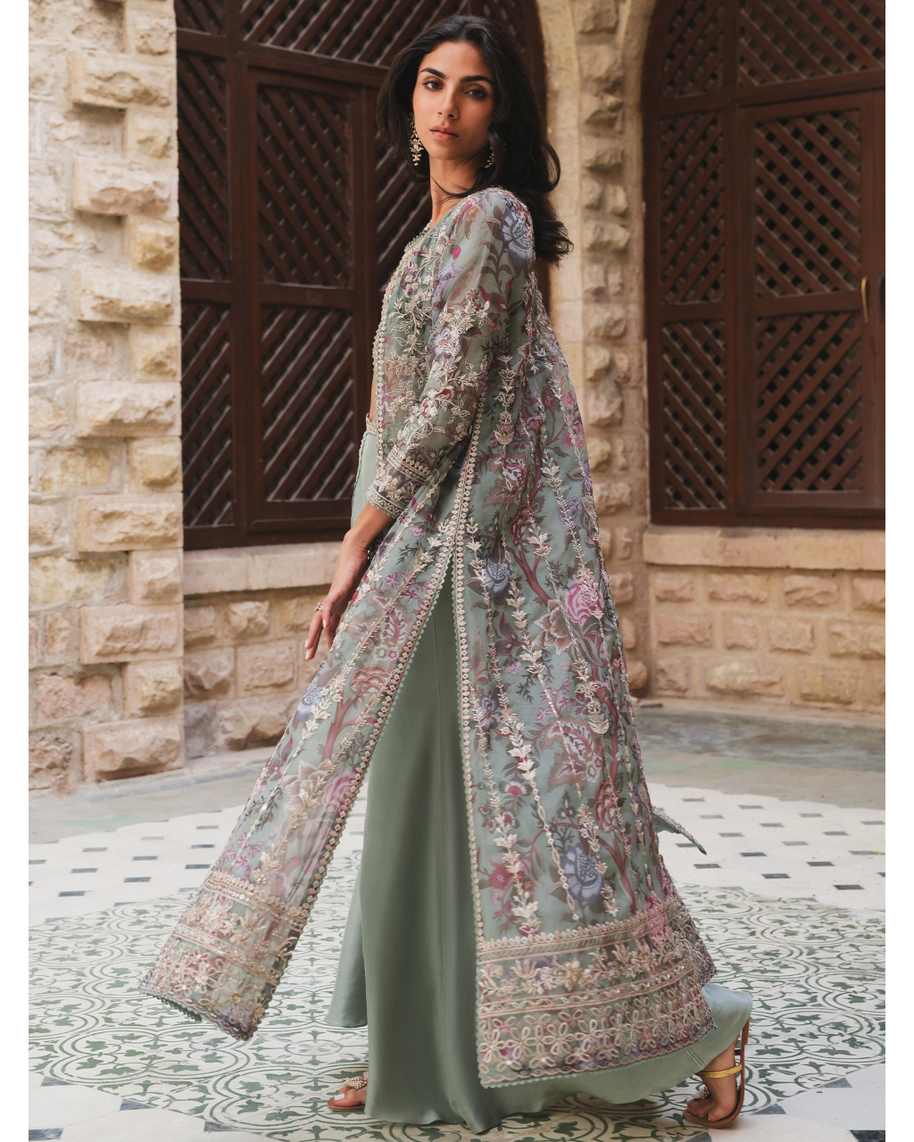 Misty Sage Embroidered Cape Coat With Blouse & Skirt