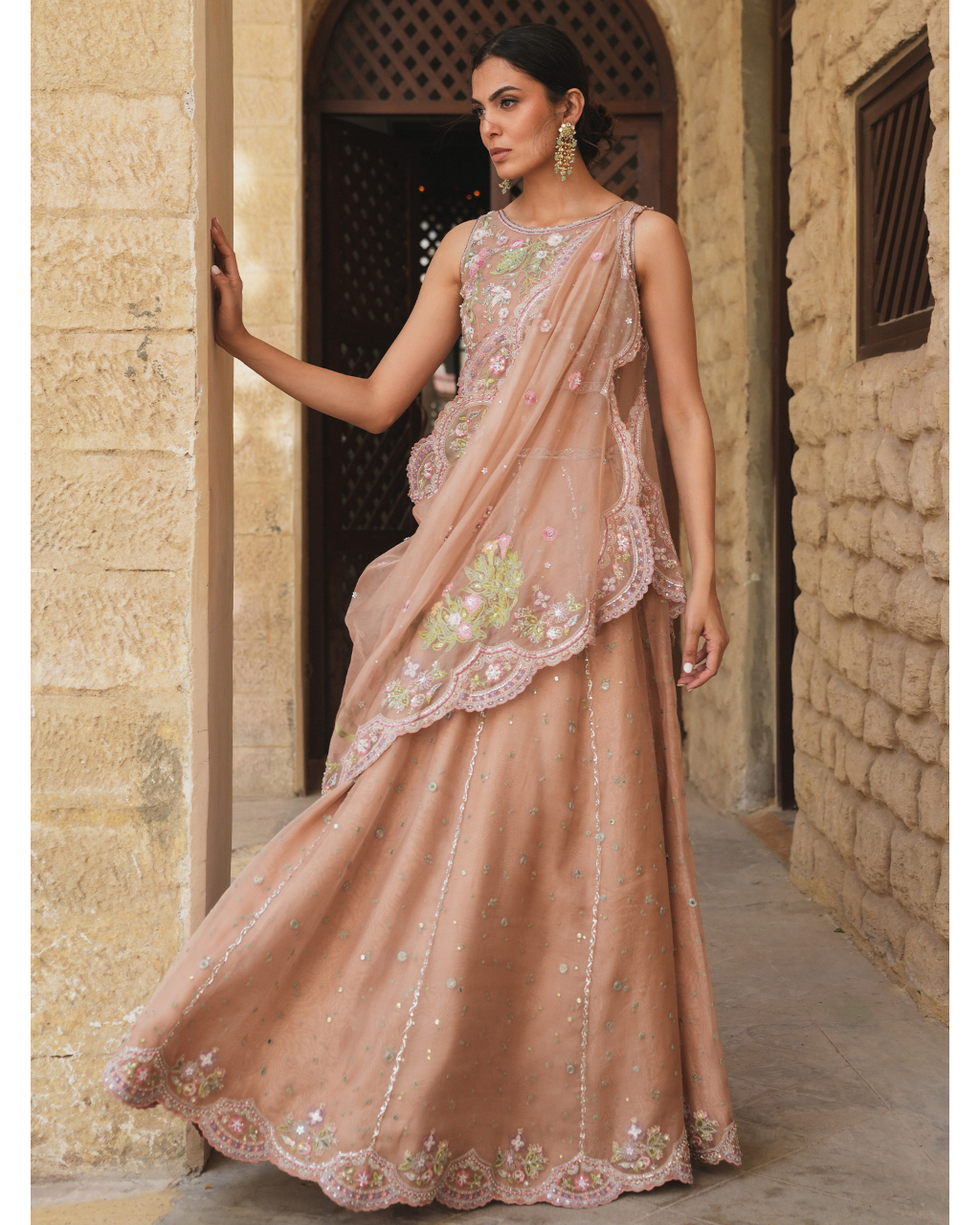 Dusty Pink Embroidered Choli With Lehenga & Draped Dupatta