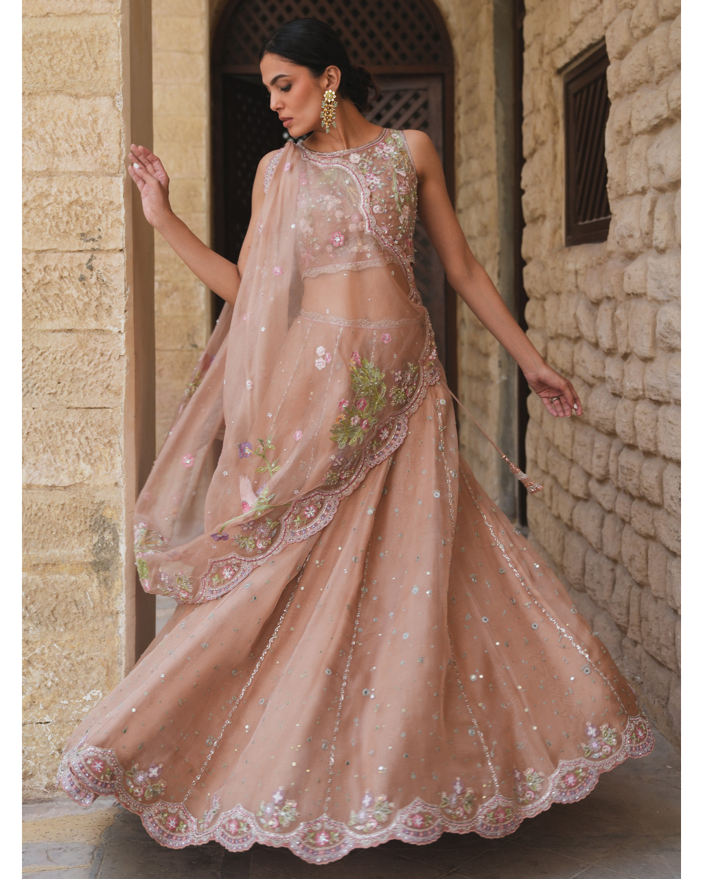 Dusty Pink Embroidered Choli With Lehenga & Draped Dupatta