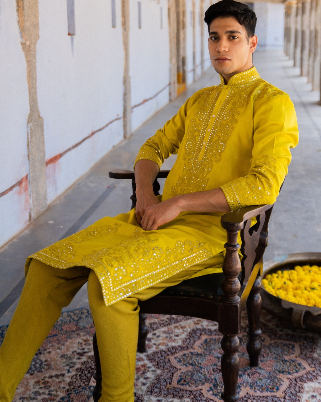 Mustard Mirror And Thread Work Kurta Set