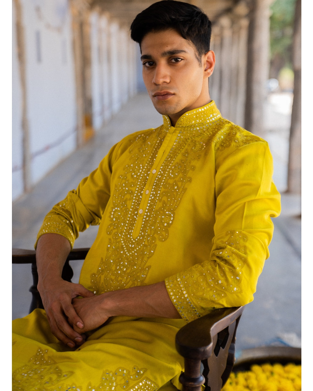 Mustard Mirror And Thread Work Kurta Set