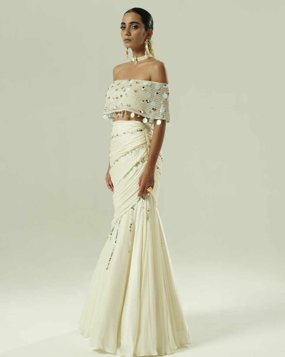 Knitted Sequin Draped Draped Skirt Set