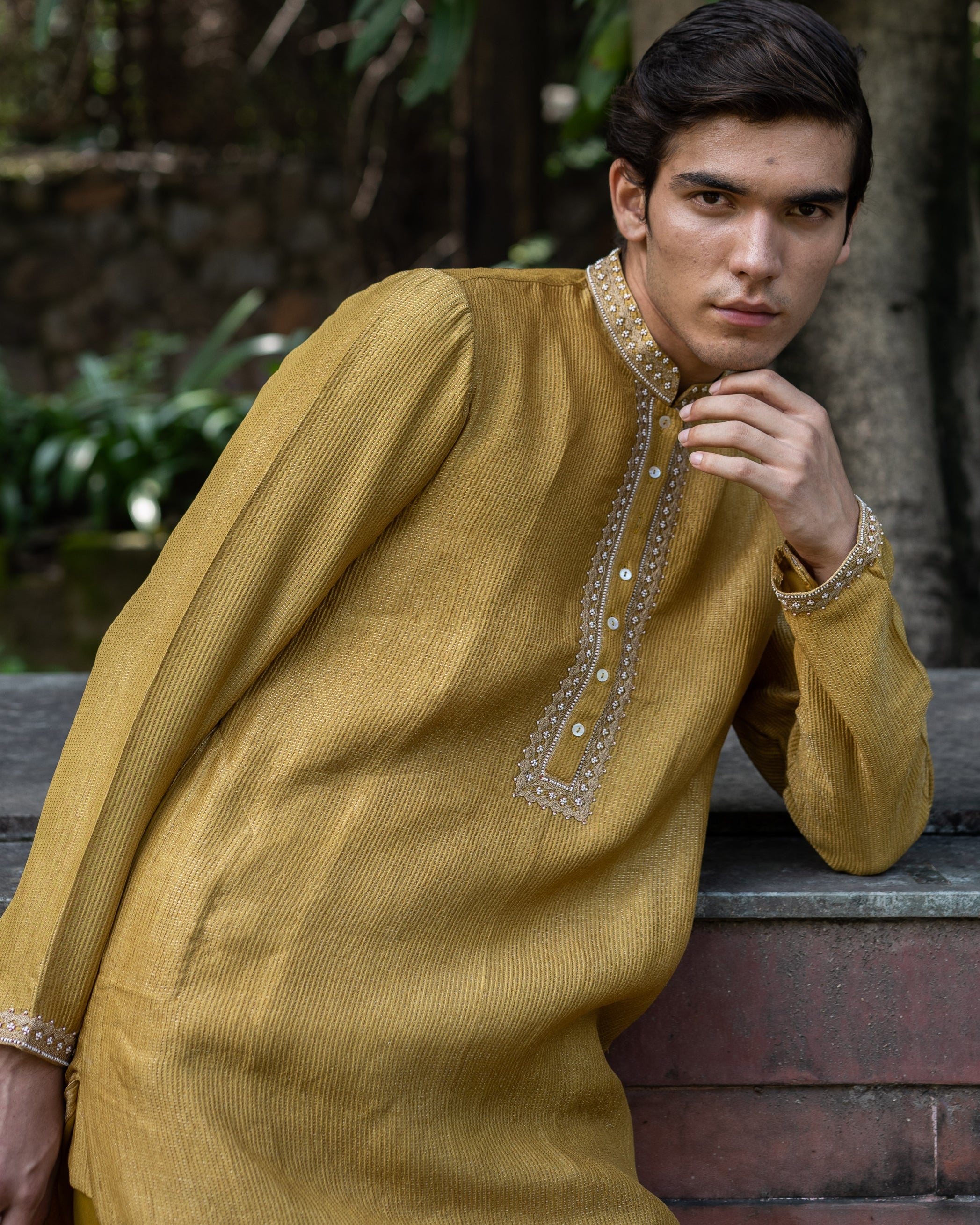 Molten Gold Yellow Hand Embroidered Kurta Set