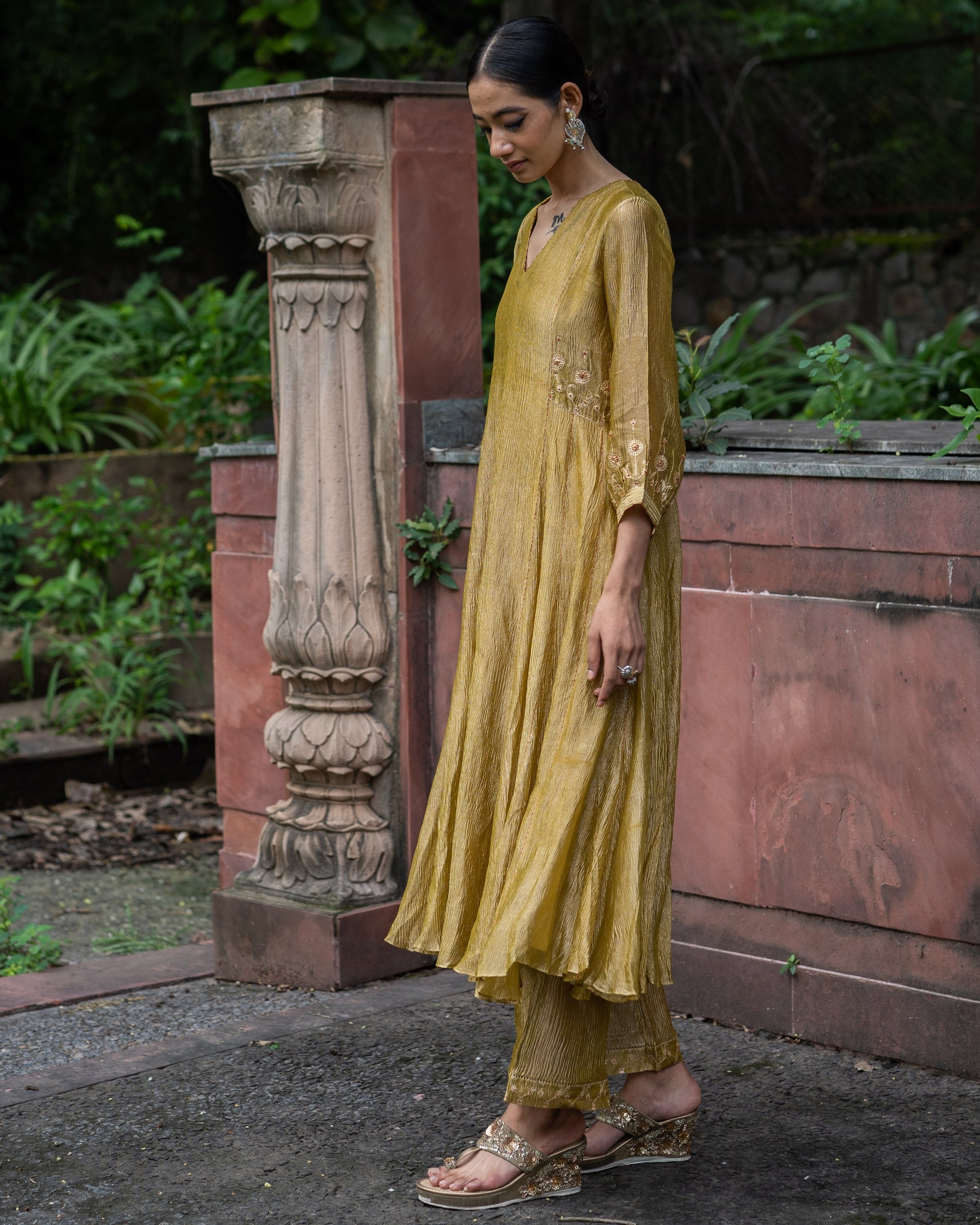 Molten Gold Yellow Tissue Silk A-Line Kurta Set